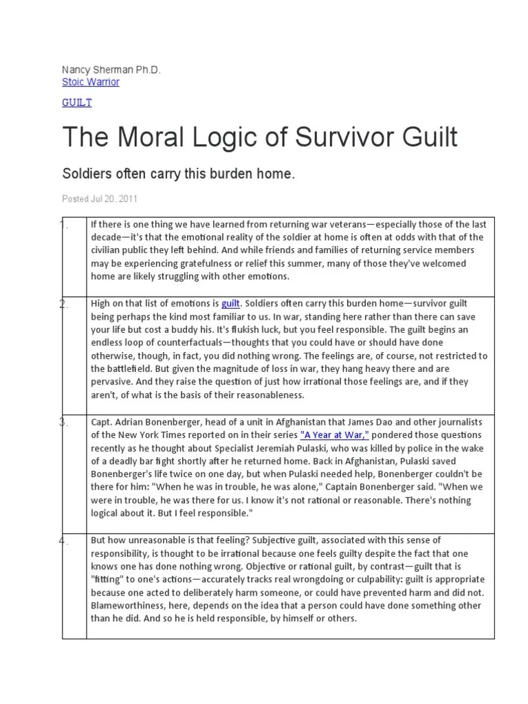 Survivor's Guilt By Nancy Sherman | PDF | Guilt (Emotion) | Conscience