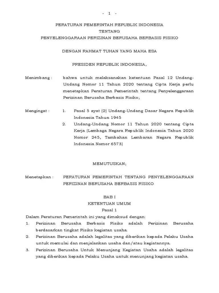 RPP Tentang Penyelenggaraan Perizinan Berusaha Berbasis Resiko | PDF