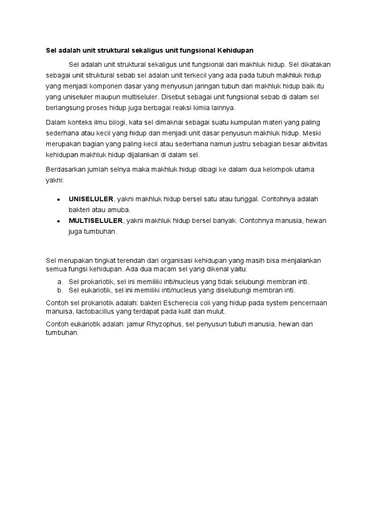 Sel Adalah Unit Struktural Sekaligus Unit Fungsional Kehidupan | PDF