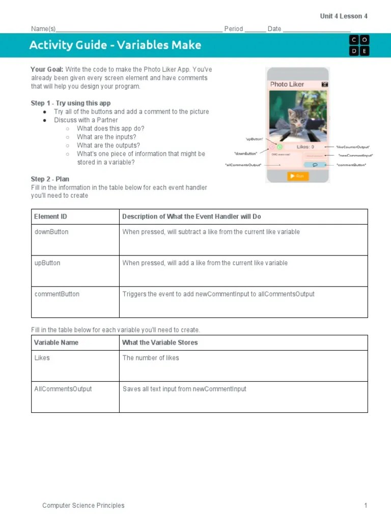 Activity Guide - Variables Make - Unit 4 Lesson 4 | PDF | Computer ...