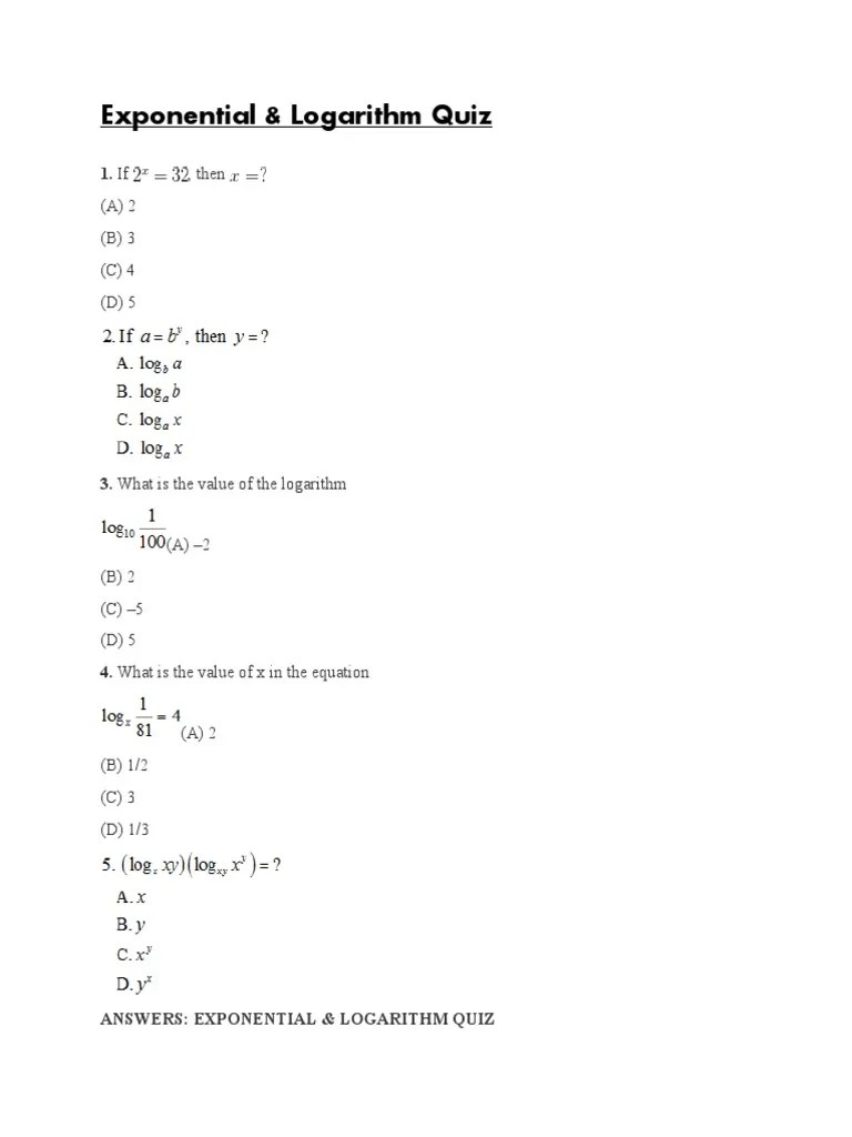 Exponential & Logarithm Quiz | PDF | Logarithm | Exponential Function