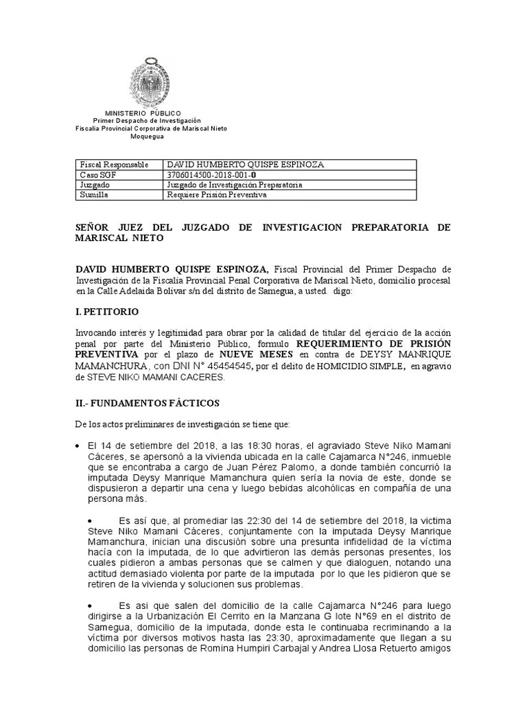 Requerimiento De Prision Preventiva De Homicidio | PDF | Castigos | Homicidio