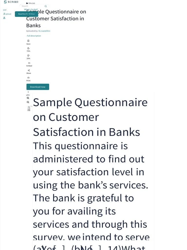 Sample Questionnaire On Customer Satisfaction In Banks | PDF | Scribd ...