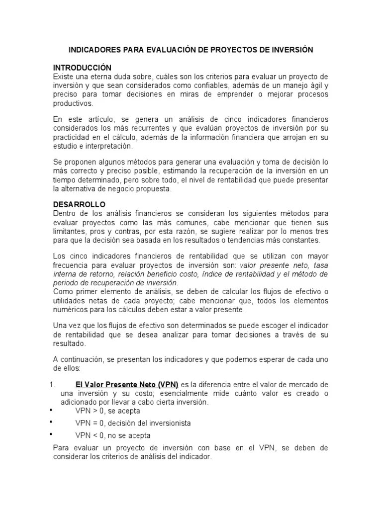 INDICADORES PARA EVALUACIÓN DE PROYECTOS DE INVERSIÓN | PDF | Ciencias Económicas | Business