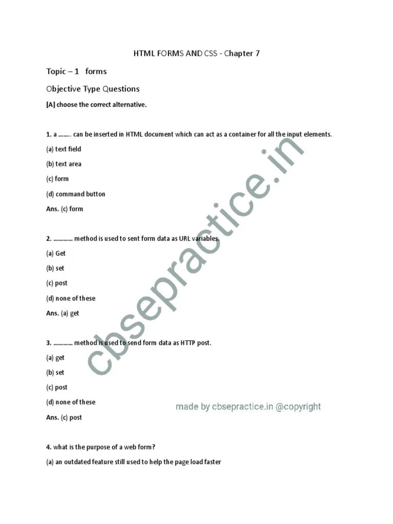 HTML Forms And Css - Chapter 7 Topic - 1 Forms Objective Type Questions ...