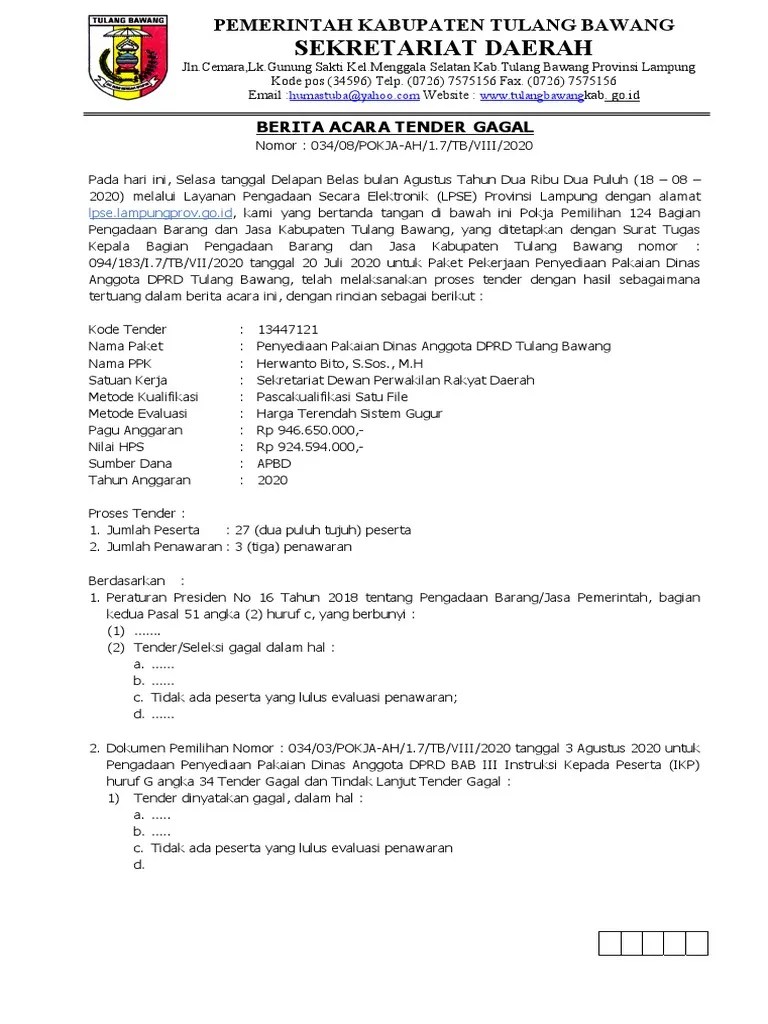 BA Tender Gagal Pakaian Dinas DPRD | PDF