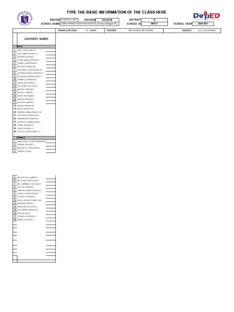 Type The Basic Information Of The Class Here: Region Division District School Name School Id ...