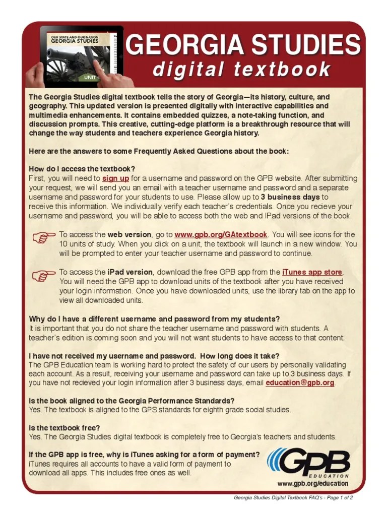 A Guide To Accessing And Using The Georgia Studies Digital Textbook: Frequently Asked Questions ...