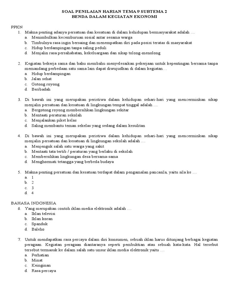 Soal Penilaian Harian Tema 9 Subtema 2 | PDF