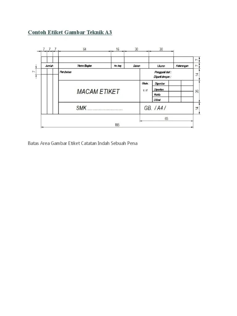 Etiket adalah serangkaian informasi atau keterangan yang terdapat dalam gambar teknik yang berfungsi untuk memberikan informasi yang lebih jelas terkait . Contoh Etiket Gambar Teknik A3