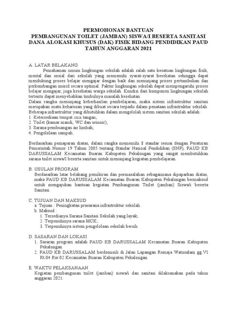 PROPOSAL PEMBANGUNAN SANITASI SEKOLAH Menteh Paud | PDF