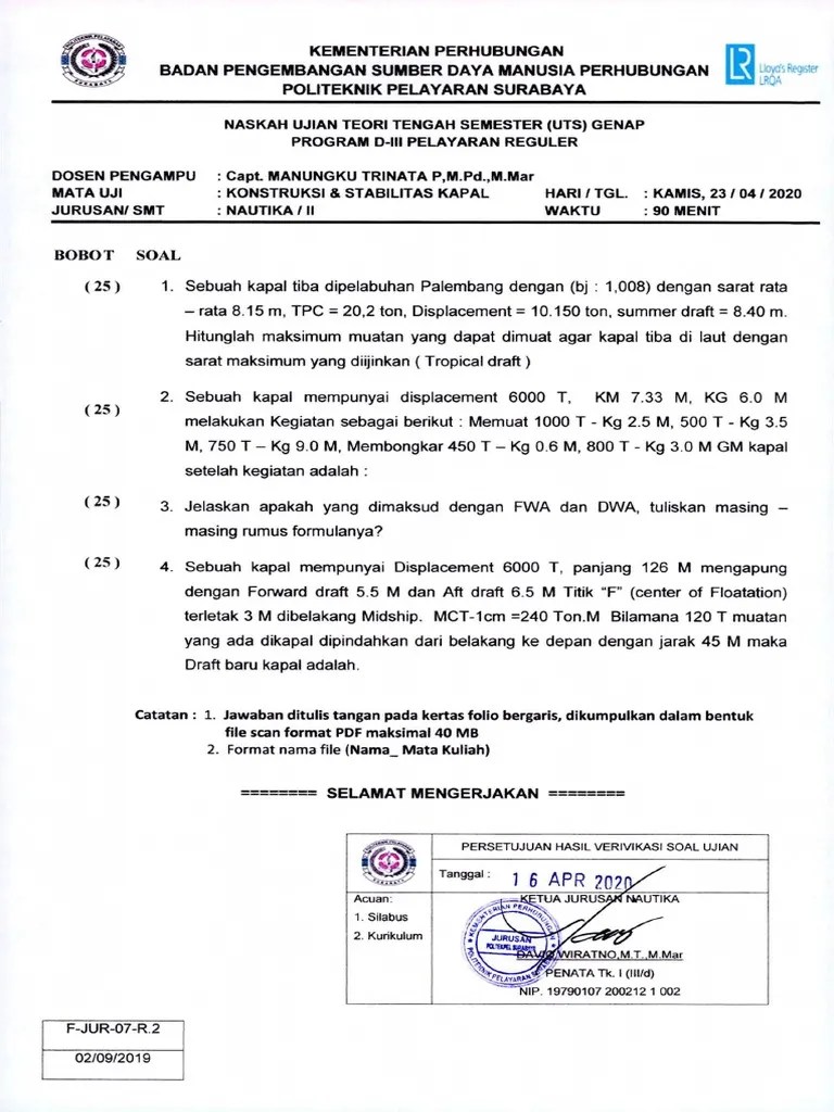Konstruksi Stabilitas Kapal Nautika Reguler | PDF