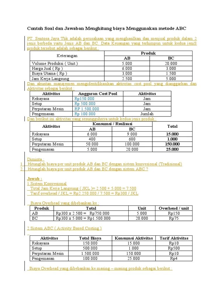 Pengeluaran tak terduga seperti pencurian mesin juga termasuk ke dalam biaya overhead. Contoh Soal Dan Jawaban Menghitung Biaya Menggunakan Metode Abc Pdf