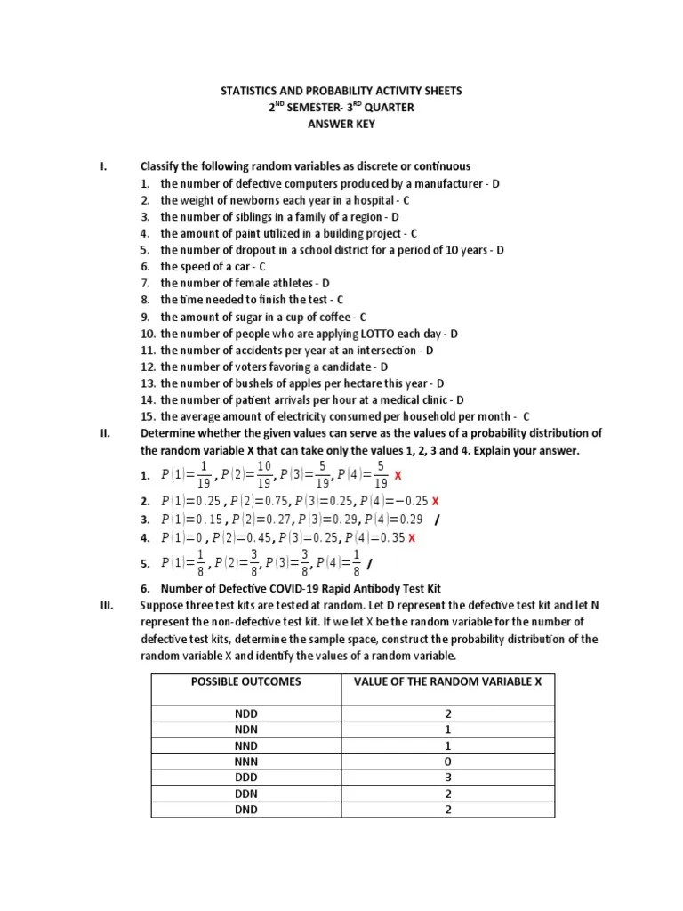 statistics and probability activity sheet answer key pdf random variable probability distribution