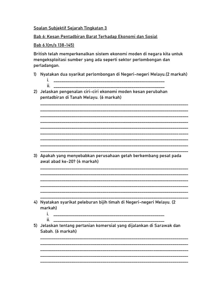 Kesan pentadbiran barat terhadap ekonomi dan sosial. Soalan Subjektif Sejarah Tingkatan 3 Bab 6 Pdf