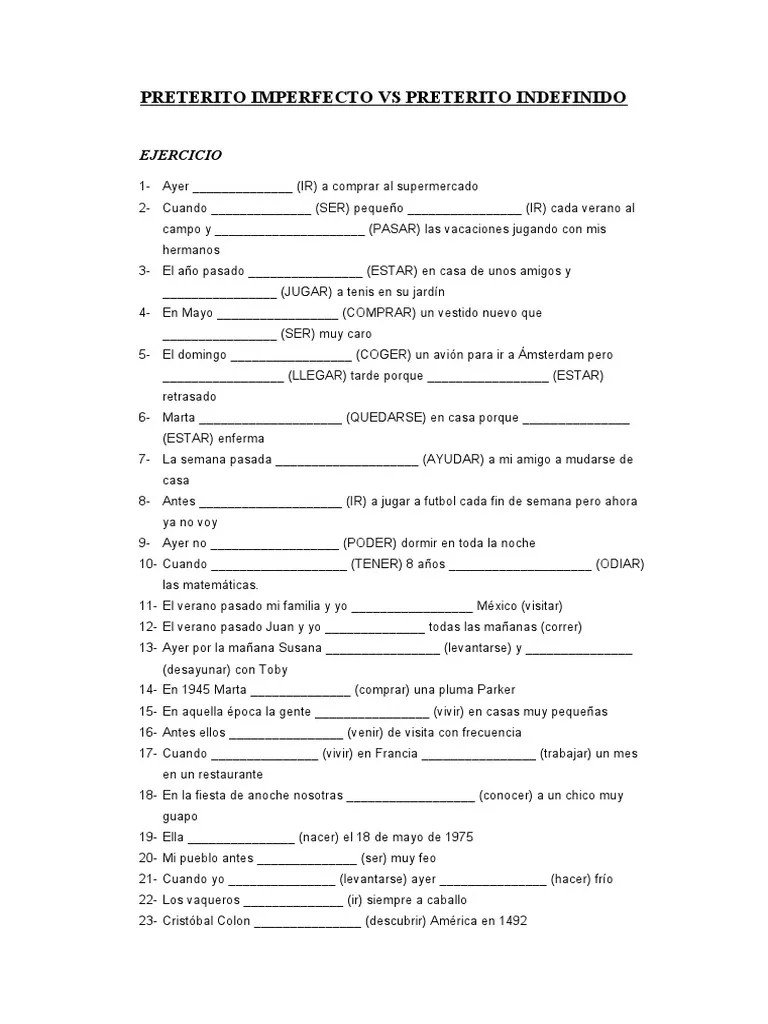 Preterito Imperfecto Vs Preterito Indefinido Ejercicio 50 Preguntas Pdf
