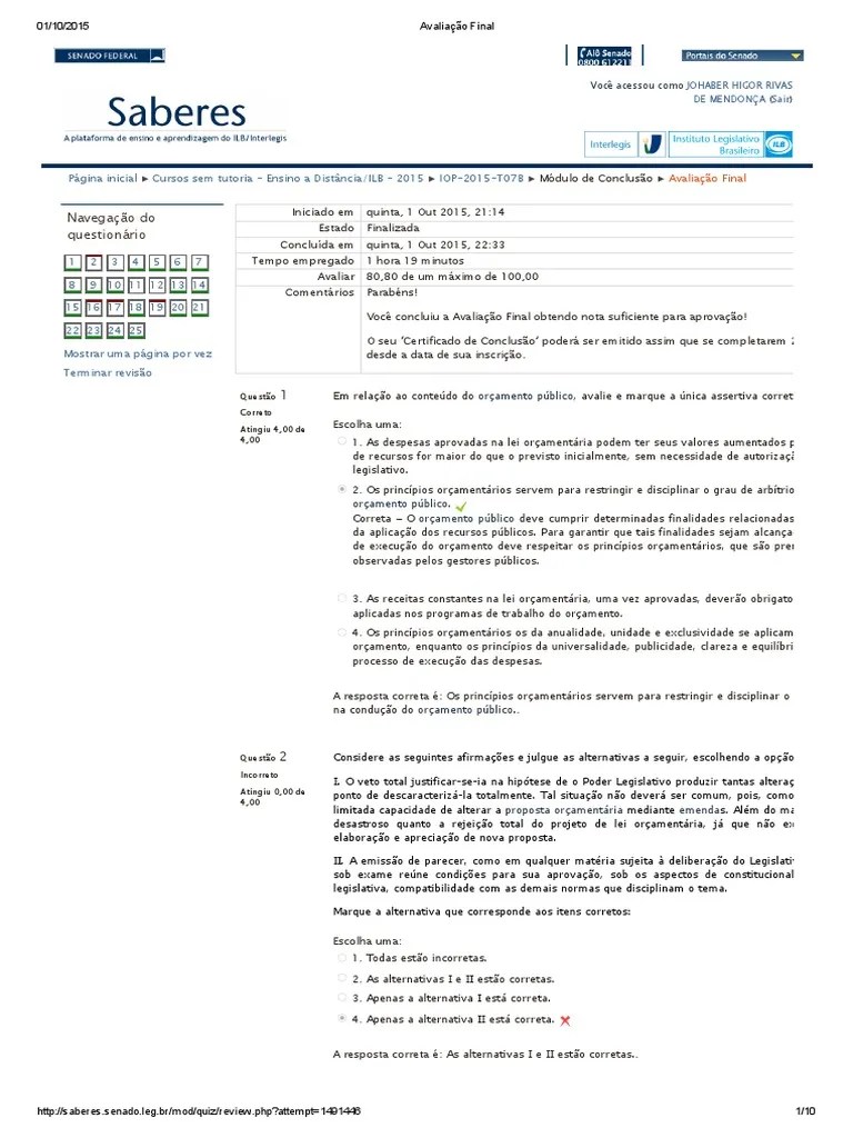 Avaliacao Final Curso Do Senado Introducao Ao Orcamento Publico | PDF ...