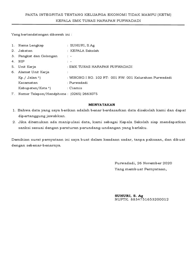 Pengisian berita acara kriteria miskin. Pakta Integritas Tentang Keluarga Ekonomi Tidak Mampu Ketm Pdf