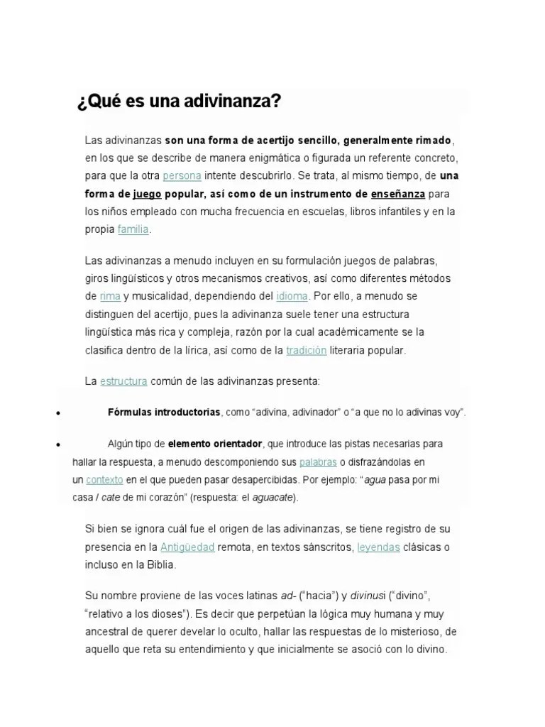 Una adivinanza es una pregunta ingeniosa que se presenta como un juego de palabras en un enunciado, por lo general en forma de rima y plantea un componente . Adivinanza Pdf Enigma Linguistica