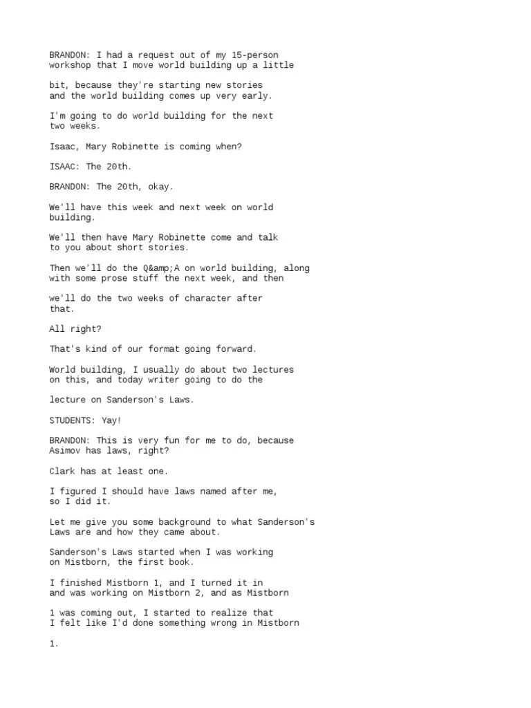 Lecture #5 Worldbuilding Part One - Brandon Sanderson On Writing ...