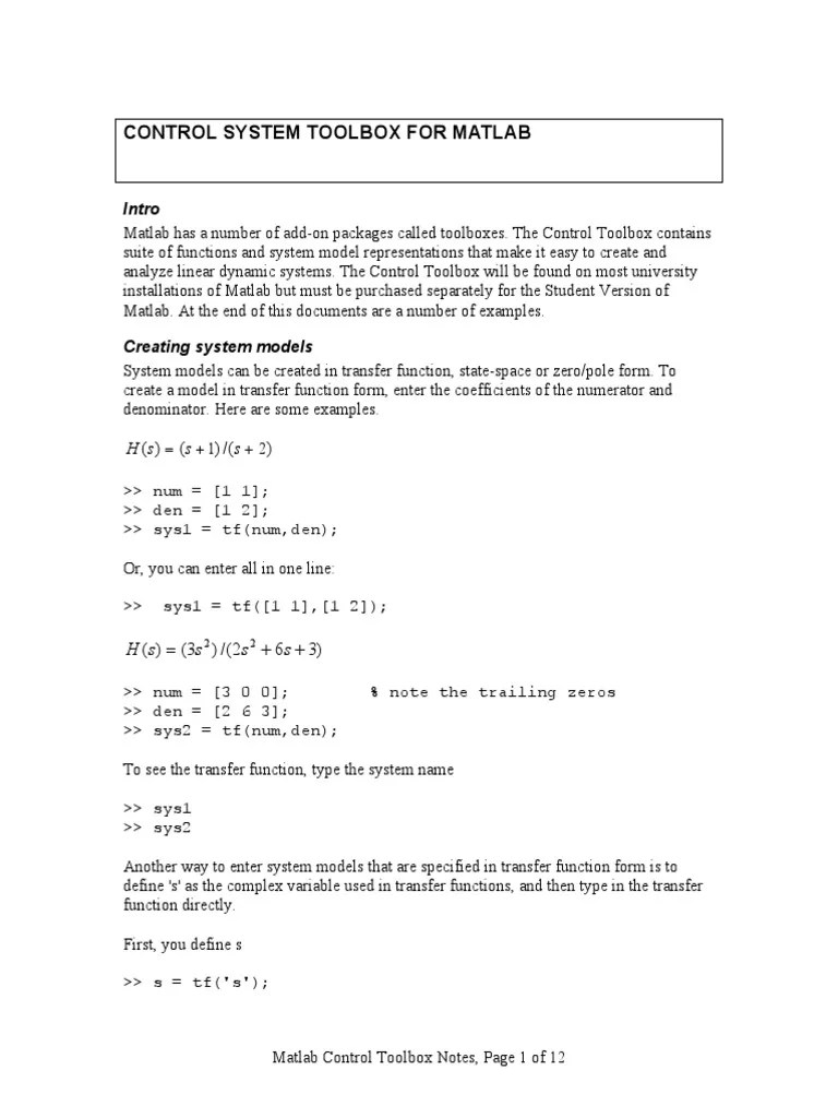 Control System Toolbox For Matlab: Intro | PDF | Control Theory ...