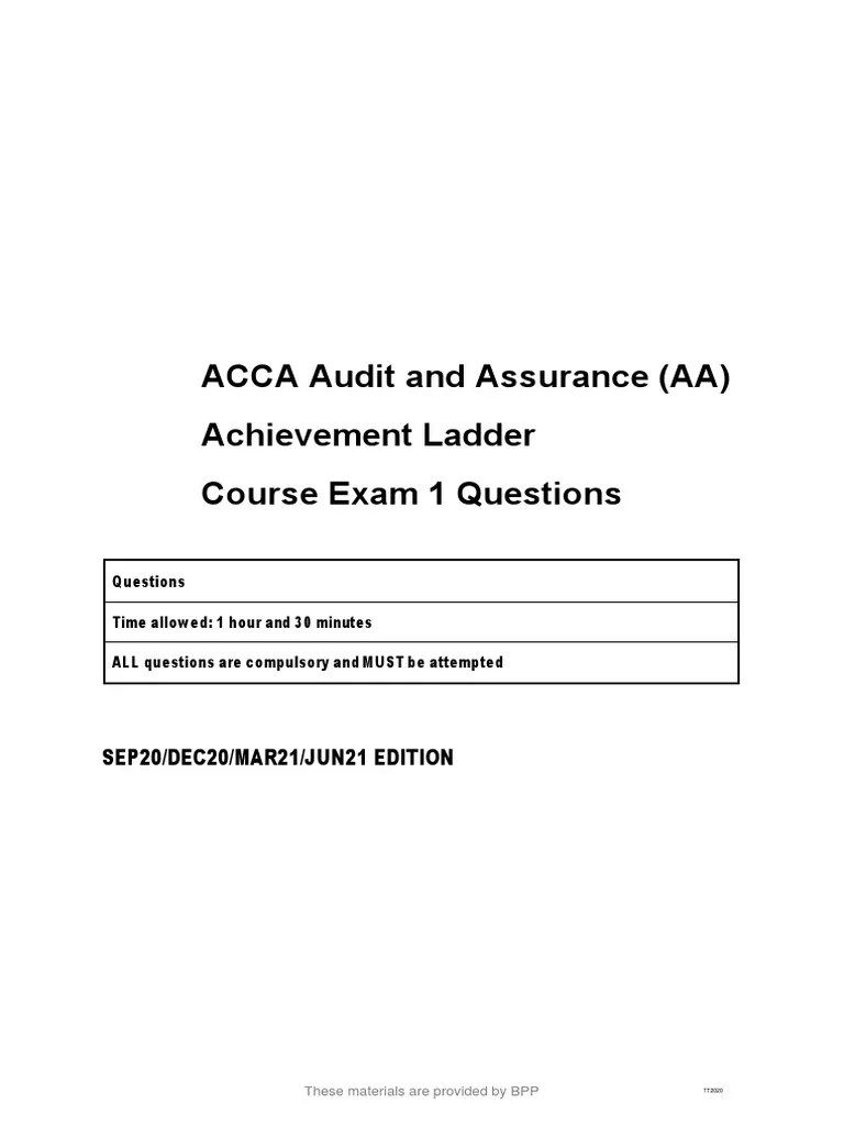 ACCA Audit And Assurance (AA) - Course Exam 1 - Questions - 2020 | PDF ...