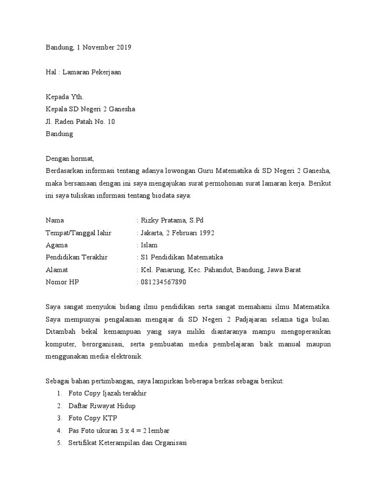 Membuat surat lamaran kerja sesuai eyd yang baik dan benar, contoh pelajaran cara buat melamar pekerjaan mudah diterima perusahaan penjelasan format menulis . Surat Lamaran Kerja Guru Pdf