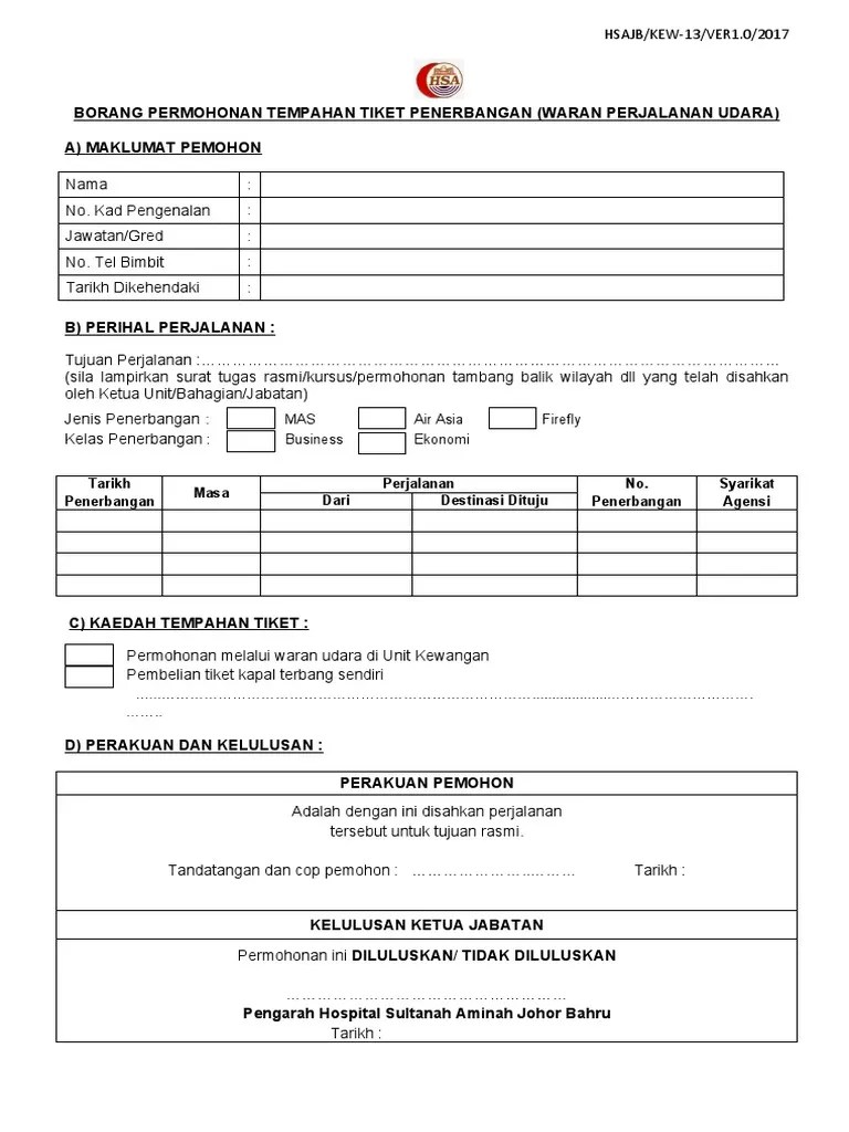 Borang Permohonan Tempahan Tiket Penerbangan (Waran Perjalanan Udara) | PDF