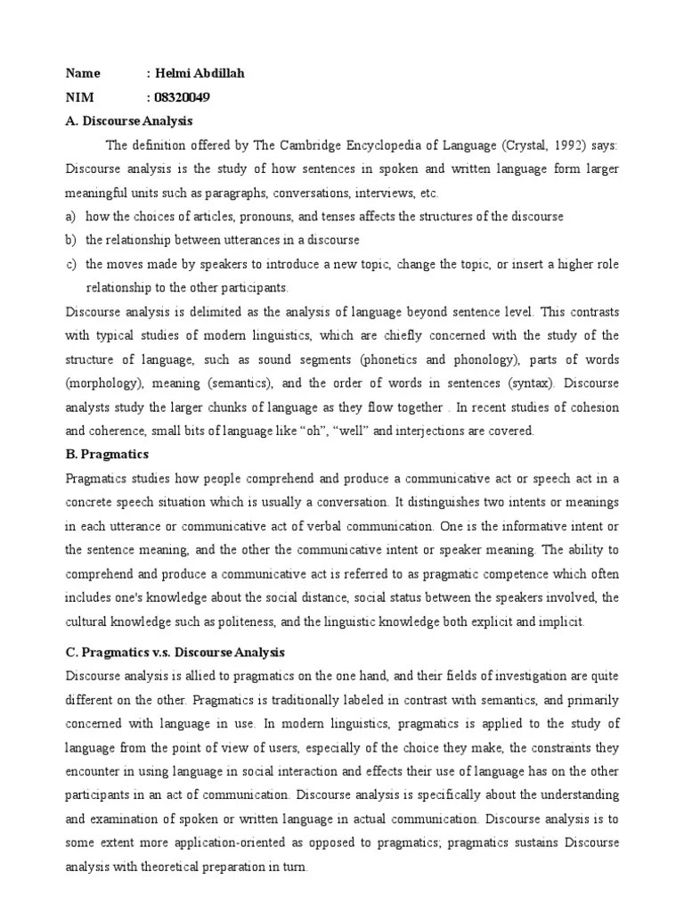 Discourse Analysis Vs Pragmatics | PDF | Semantics | Discourse
