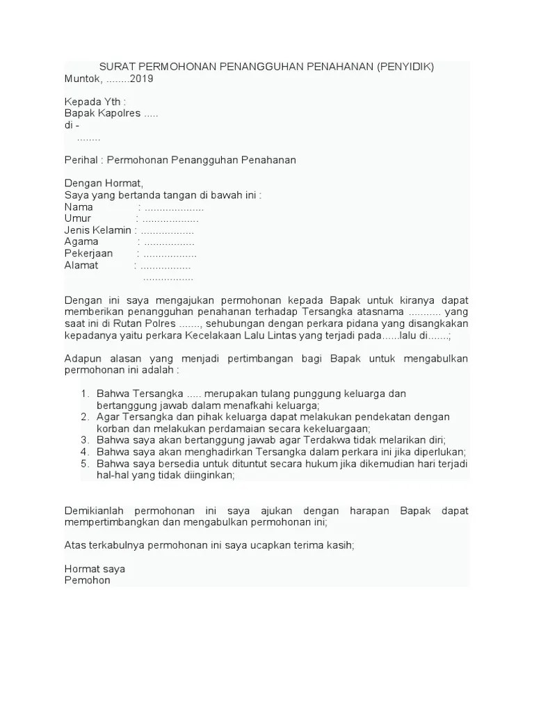 Surat Permohonan Penangguhan Penahanan Kepada Penyidik | PDF