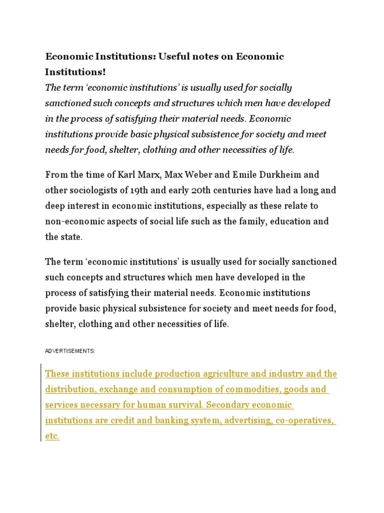 Economic Institutions: Useful Notes On Economic Institutions! | PDF | Institution | Economics