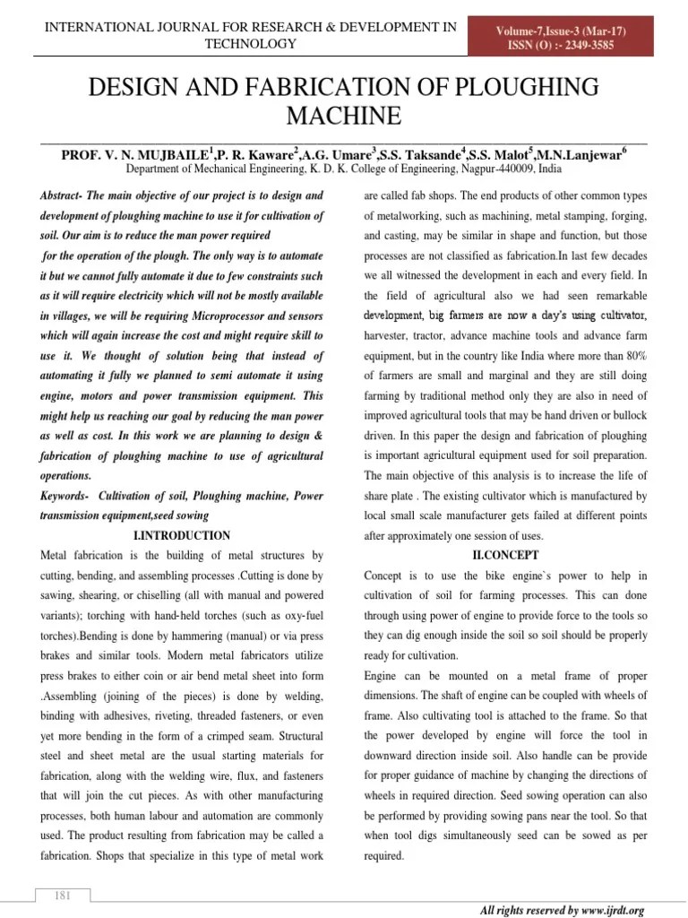 Design And Fabrication Of Ploughing Machine | PDF | Plough | Metal ...