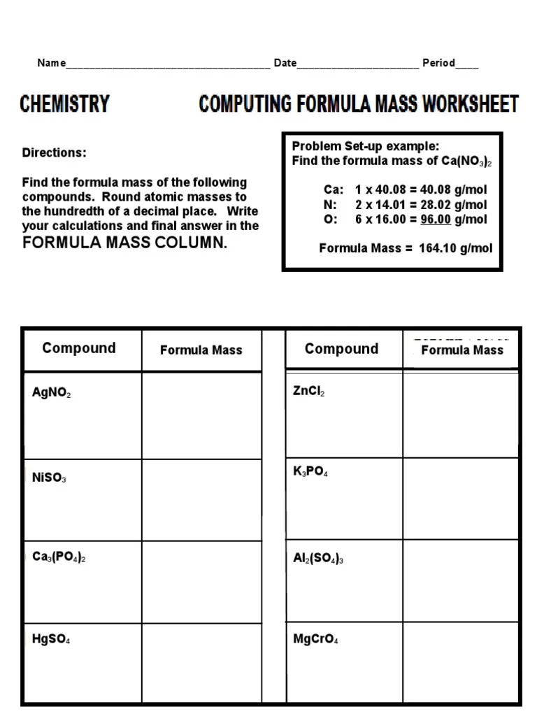2) how many grams are in 4.5 moles of li2o? Formula Mass And Mole Calculation Practice Worksheet Pdf Mole Unit Physical Chemistry