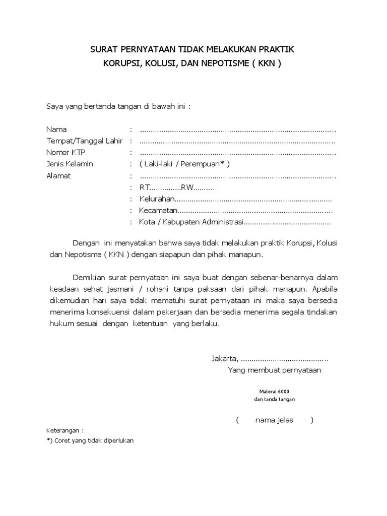 Surat Pernyataan Tidak Melakukan KKN | PDF