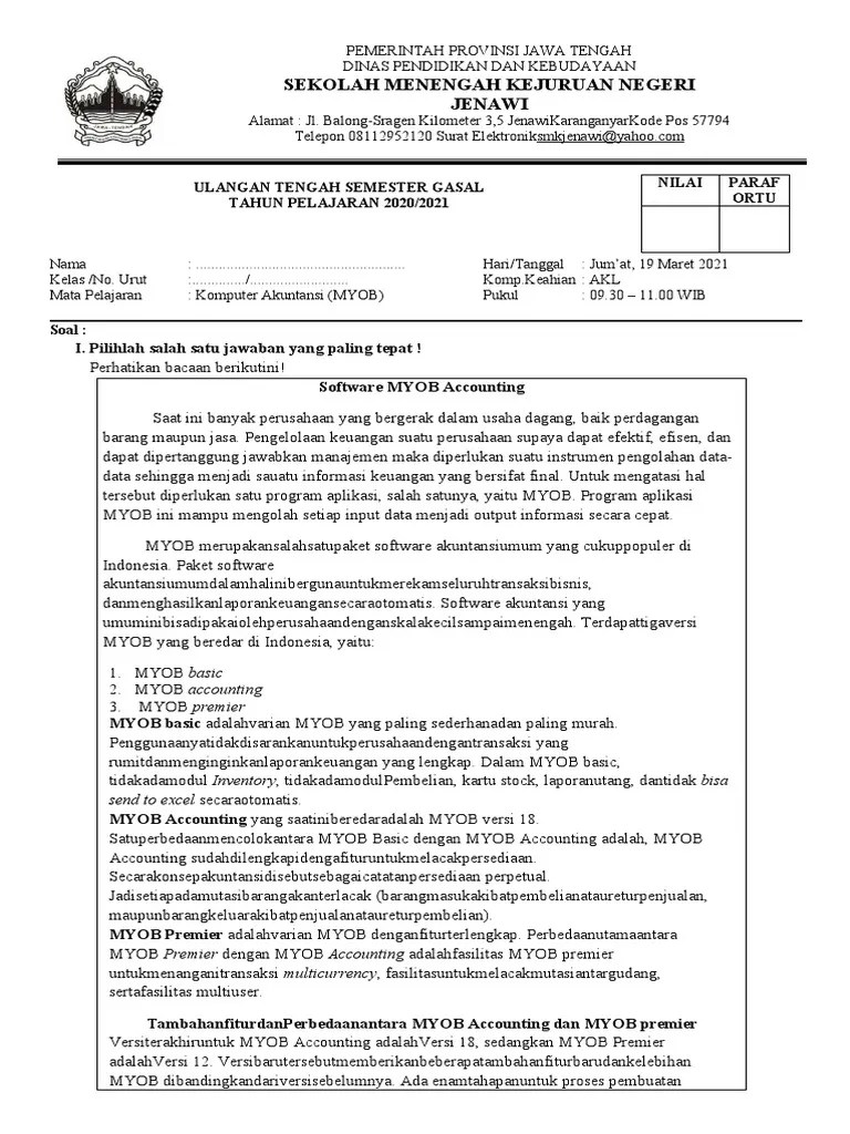soal akuntansi kelas x contoh dan pembahasan cerdas akuntansi. Soal Uts Komputer Akuntansi Myob Kls Xi Pdf