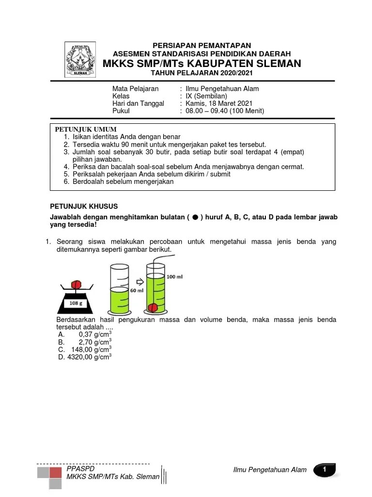 Mkks Smp/Mts Kabupaten Sleman: Persiapan Pemantapan Asesmen Standarisasi  Pendidikan Daerah | PDF