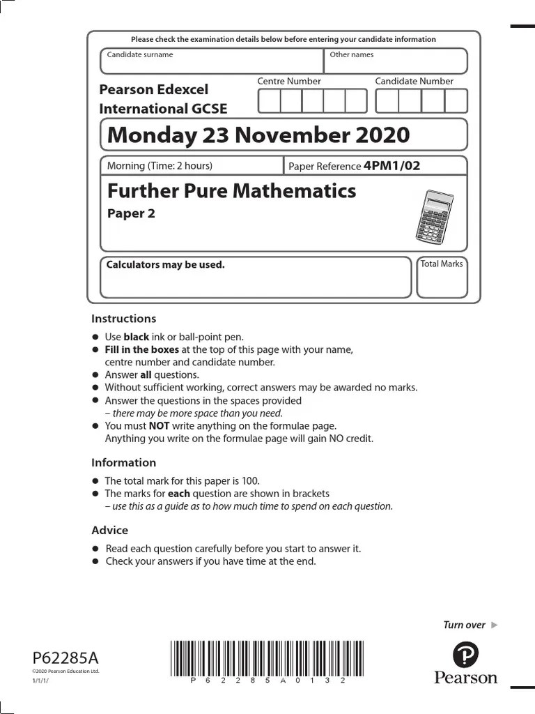 02a IGCSE Further Pure Mathematics Paper 2 - November 2020 PDF | PDF | Trigonometric Functions ...