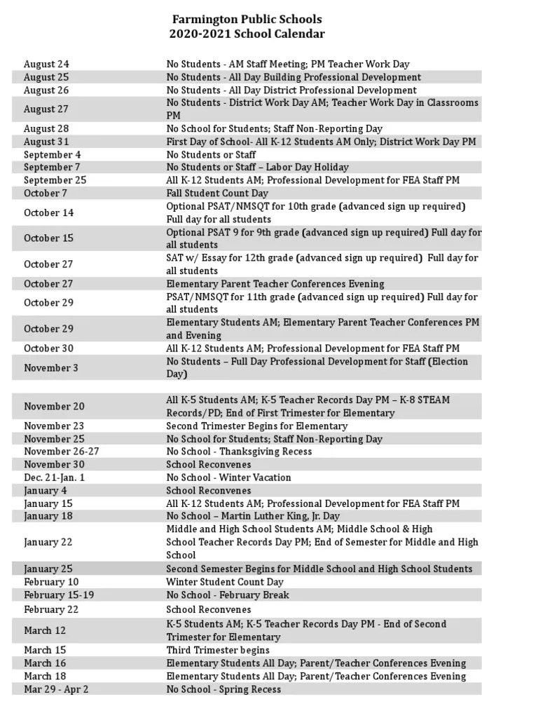 Farmington Public Schools 2020-2021 School Calendar | PDF | Academic Term | Middle Schools