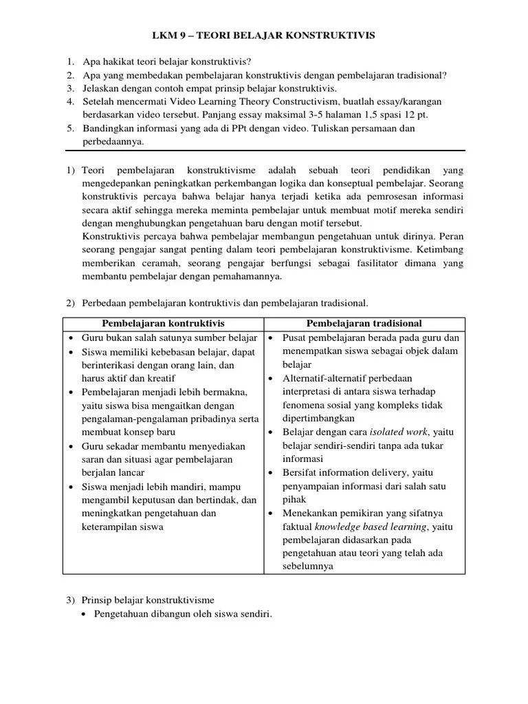 Berdasarkan sejumlah literatur tentang konstruktivisme, widodo (2004) mengidentifikasi lima hal penting berkaitan dengan belajar dan mengajar. Kelompok 6 Pbu 2020 Lkm 9 Teori Konstruktivisme Pdf