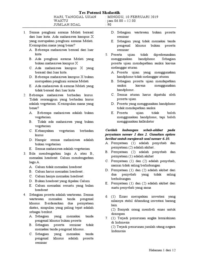 Tes Potensi Skolastik: Hari, Tanggal Ujian: Minggu, 10 Februari 2019 ...
