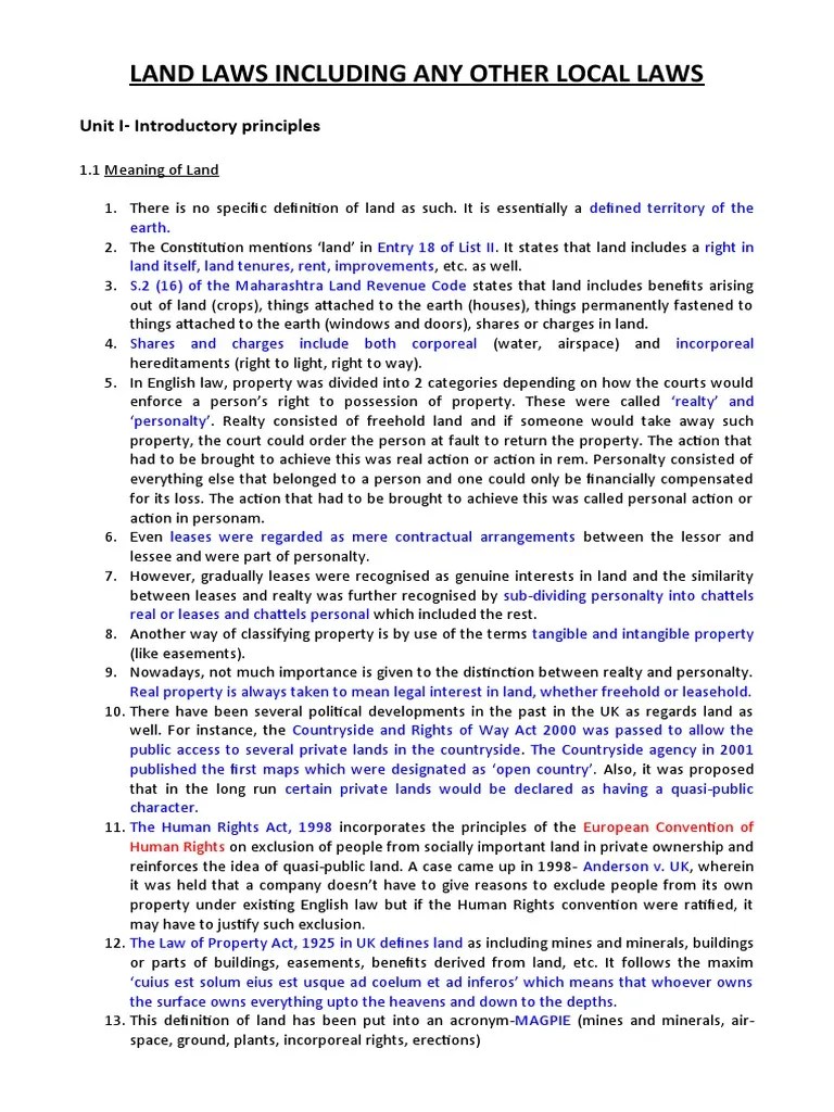 Land Laws Including Any Other Local Laws: Unit I-Introductory Principles | PDF | Leasehold ...