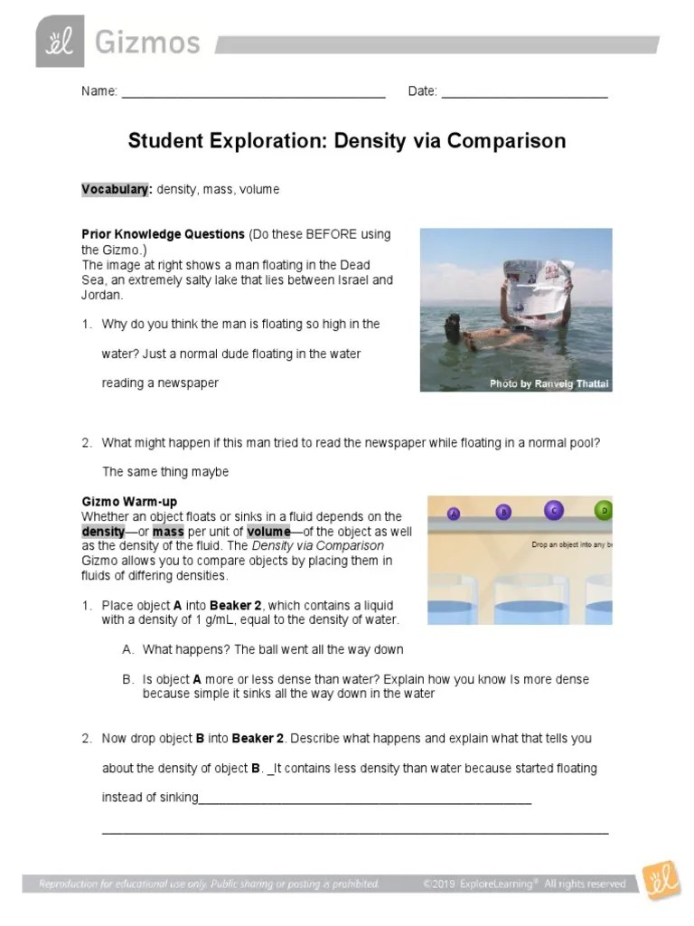 Student Exploration: Density Via Comparison: Vocabulary: Density, Mass, Volume | PDF | Buoyancy ...