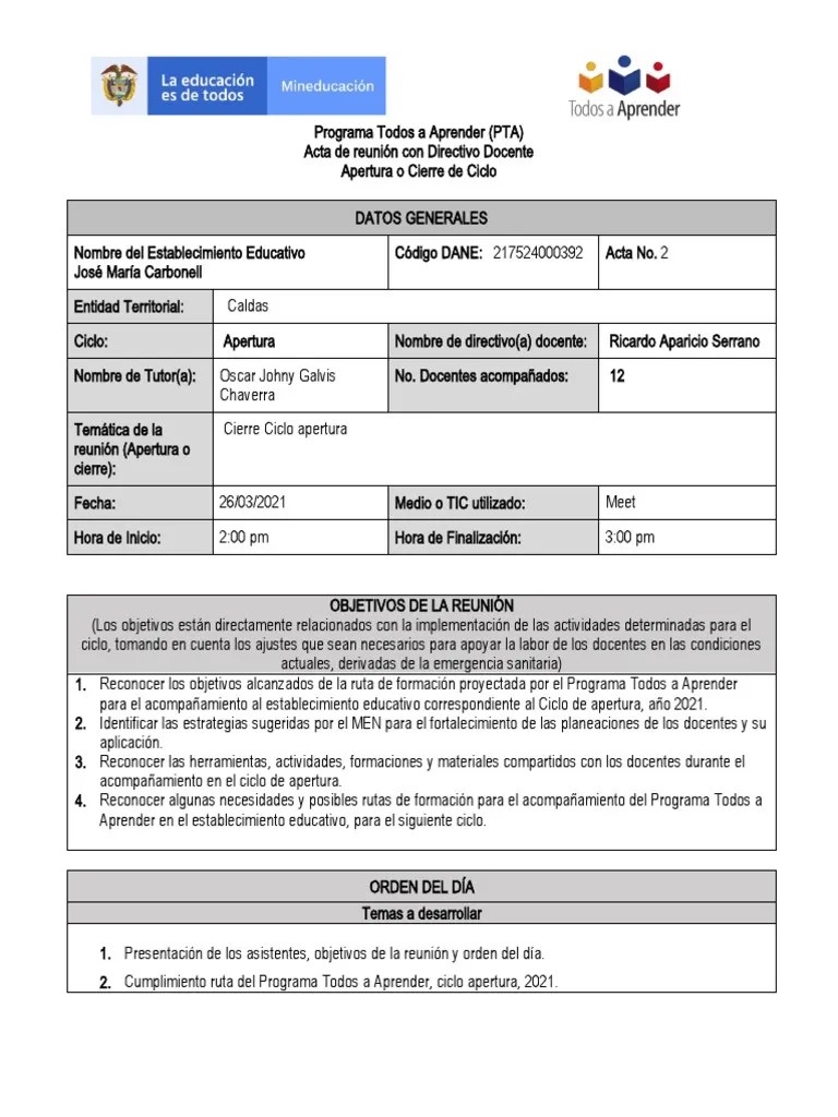 Acta De Cierre De Ciclo Apertura 2021-OscarGalvis | PDF | Evaluación | Educación De La Primera ...