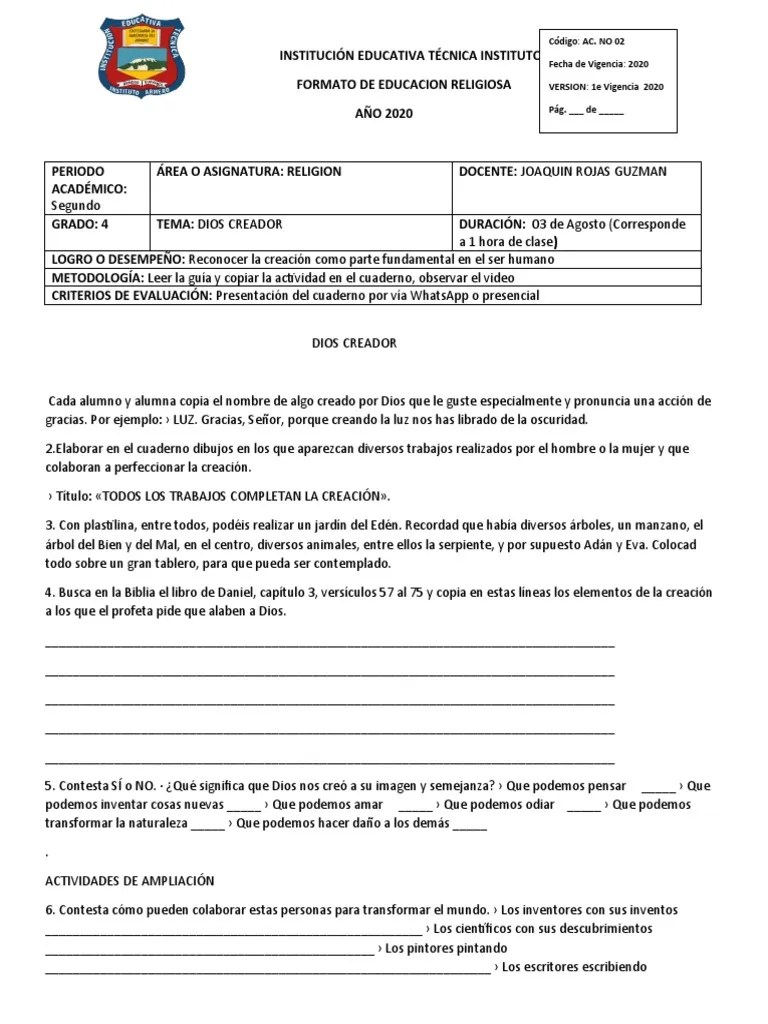 Taller De Religion Dios Creador | PDF | Adán Y Eva | Dios