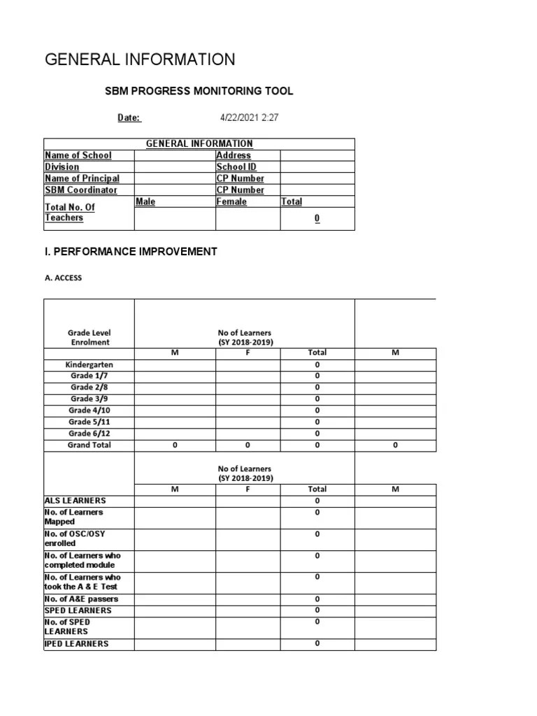 General Information: SBM Progress Monitoring Tool | PDF | Human Nature ...