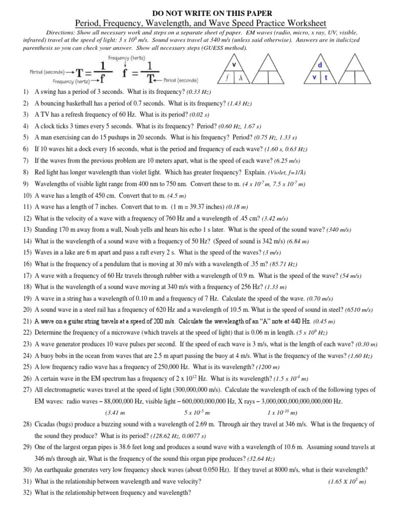 Period, Frequency, Wavelength, And Wave Speed Practice Worksheet | PDF ...