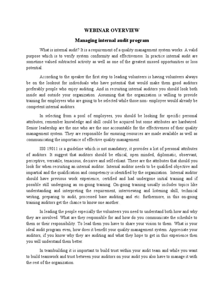 Webinar Overview Managing Internal Audit Program | PDF | Internal Audit | Audit