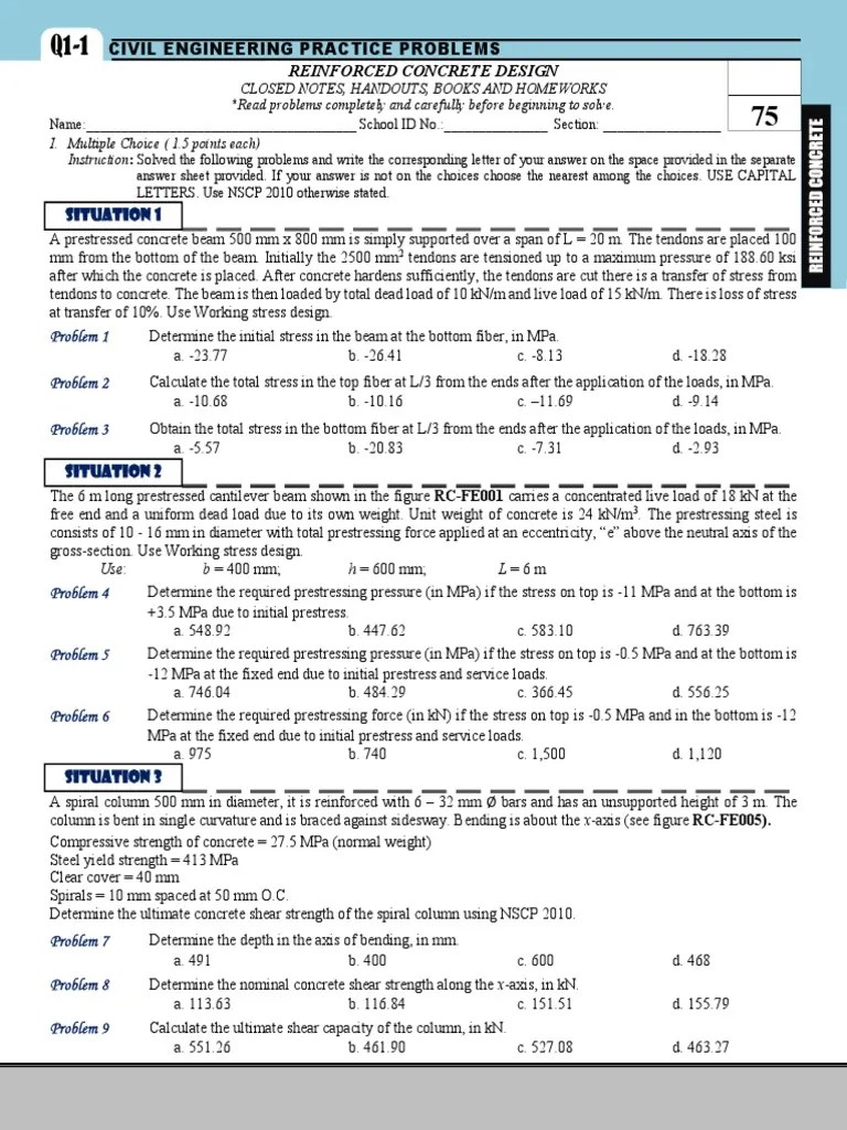 Practice Problems In Reinforced Concrete Design | PDF | Beam (Structure) | Strength Of Materials