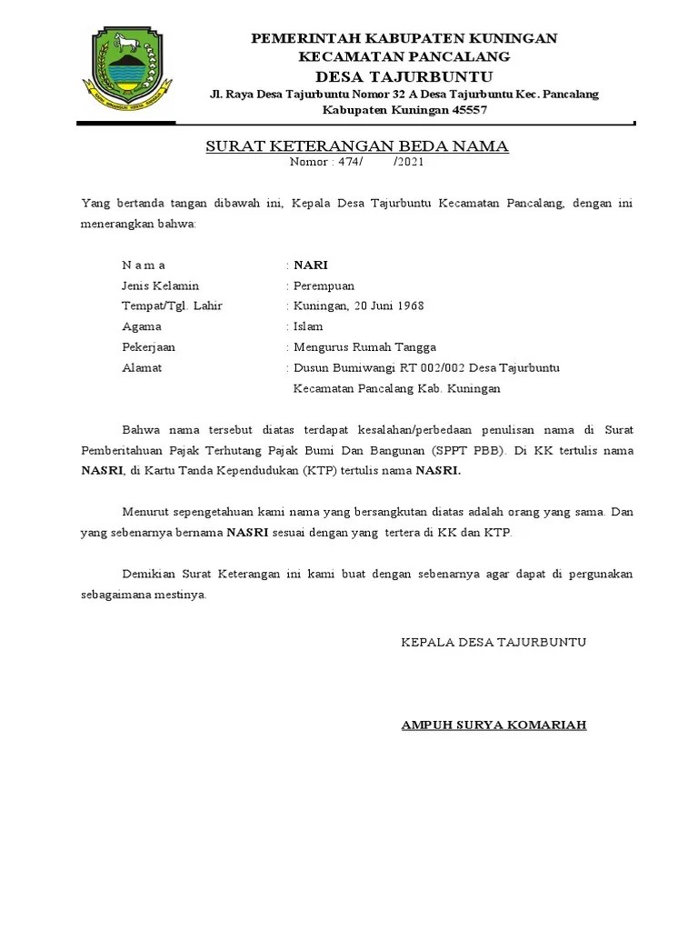 Surat Keterangan Beda Nama | PDF