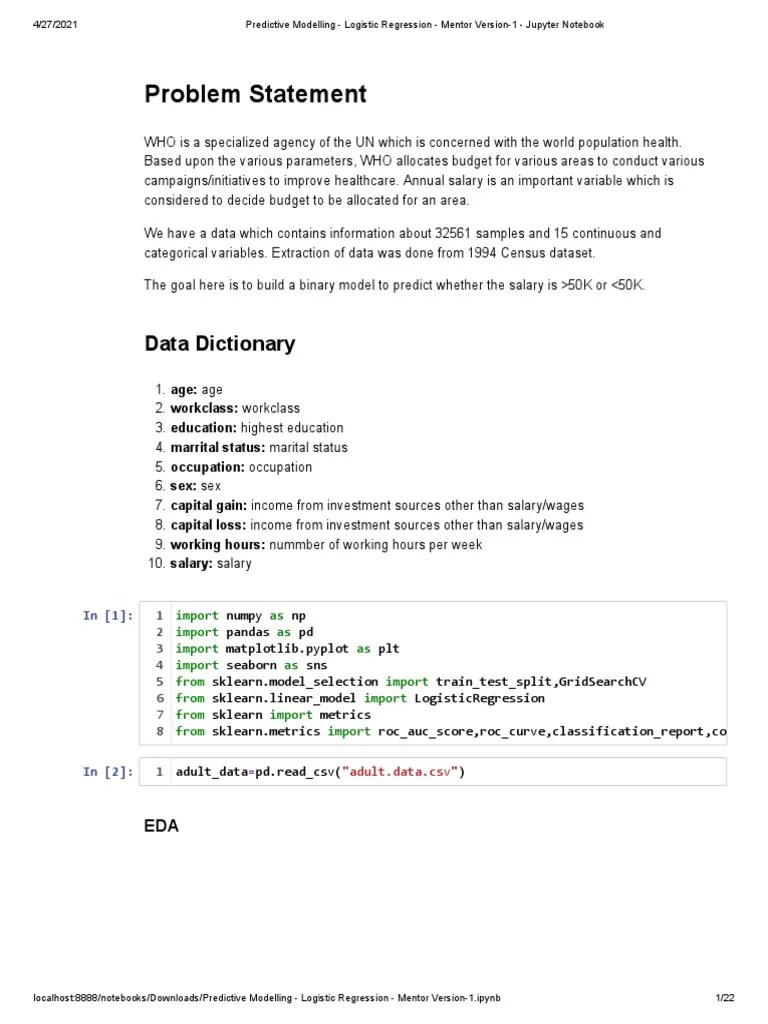 Predictive Modelling - Logistic Regression - Mentor Version-1 - Jupyter Notebook | PDF ...
